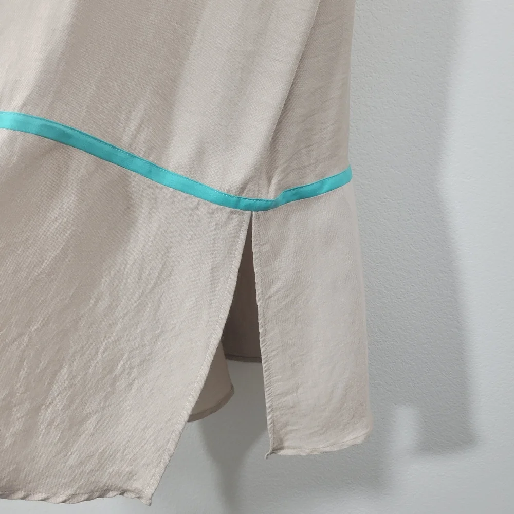 NATORI tan 'V' neck sleeveless long maxi nightgown sleep dress teal trim Large
